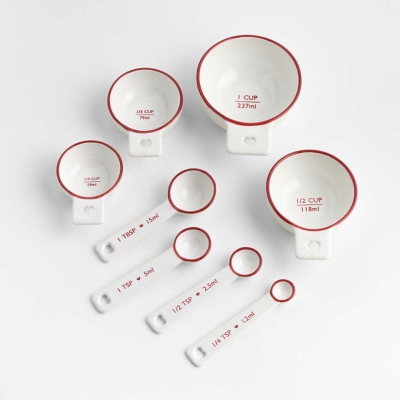 Image of product Red Rim Heart Handle Ceramic Measuring Cups, Set of 4 by Crate and Barrel