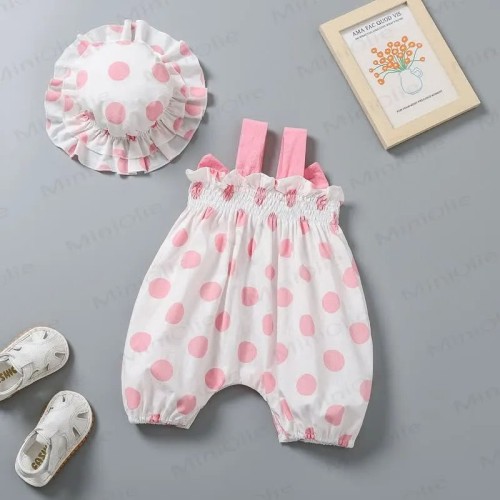 Image of product Baby Girl Pink Bow Dots Suspender Romper with Hat by Mini Olie