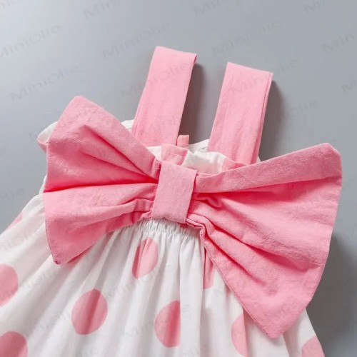 Image of product Baby Girl Pink Bow Dots Suspender Romper with Hat by Mini Olie