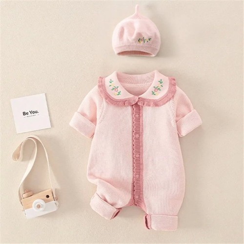 Image of product Baby Pink Floral Lace Collar Romper with Hat by Mini Olie
