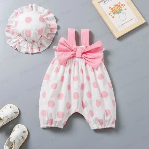 Image of product Baby Girl Pink Bow Dots Suspender Romper with Hat by Mini Olie