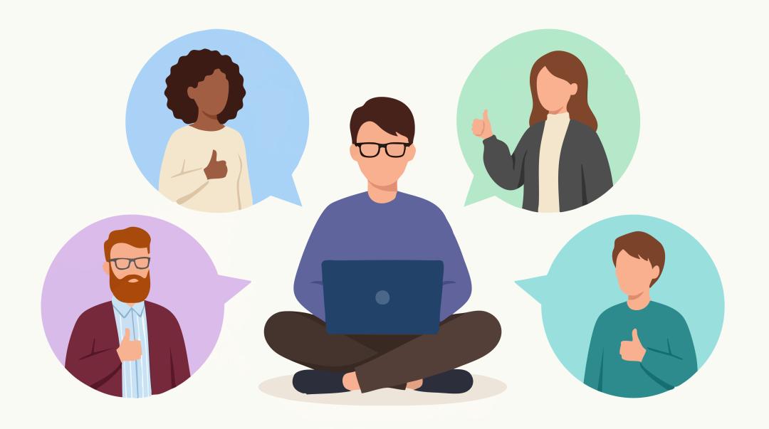 Graphics representing five people that are discussing online