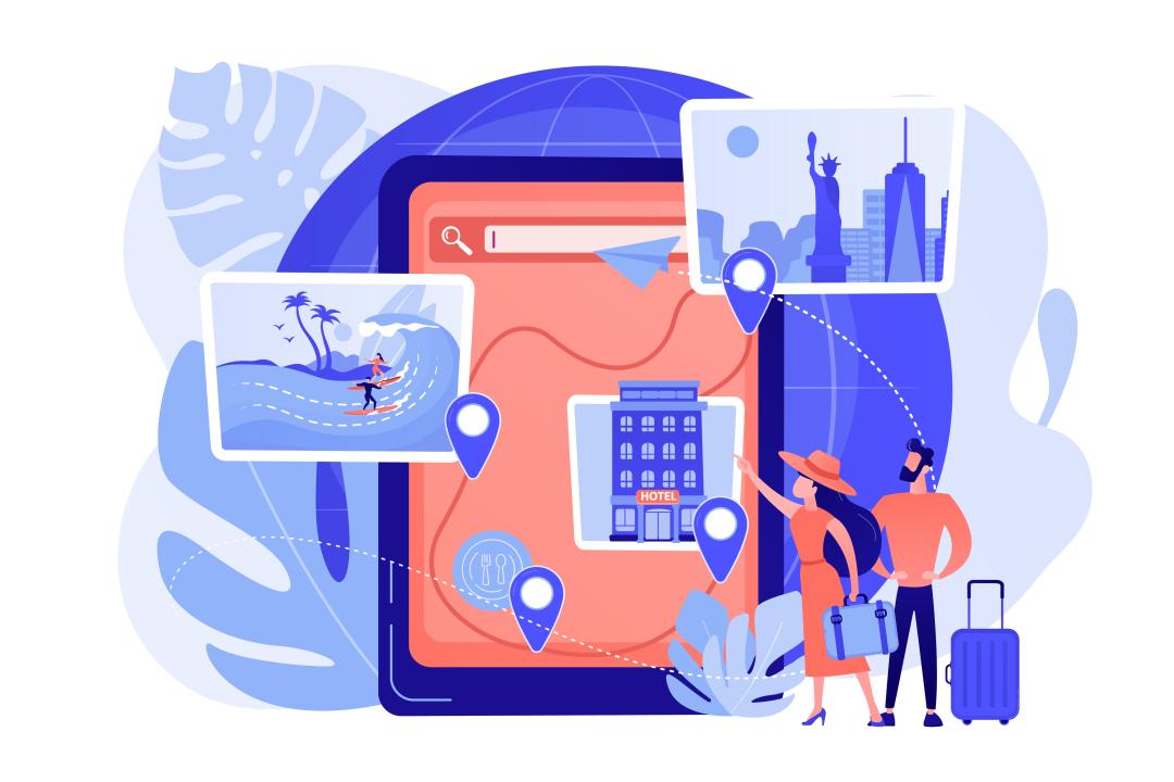 Graphics representing a map of multiple travel destinations