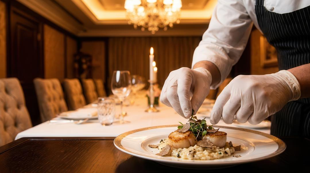 A chef presenting food on a dining table