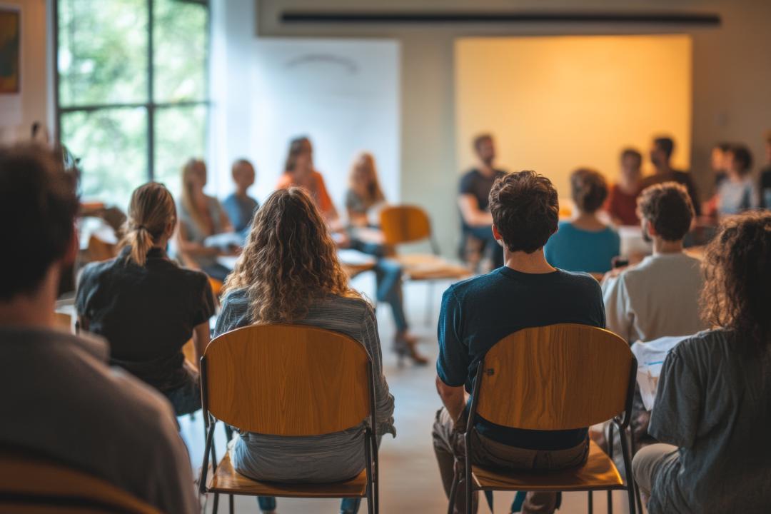 A group of people discussing and sharing information