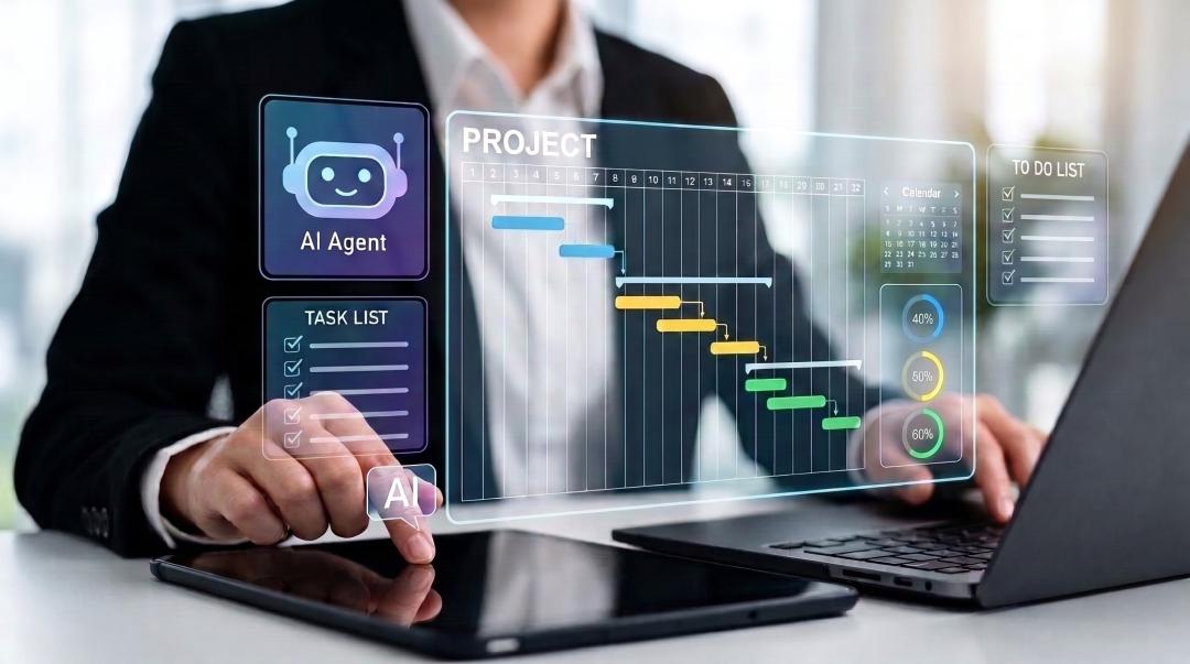 A person wearing suit, working with a productivity boosting software