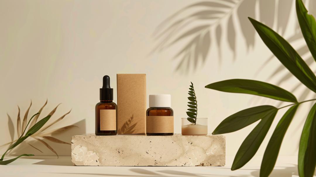 A set of skincare products in the spa-like backdrop
